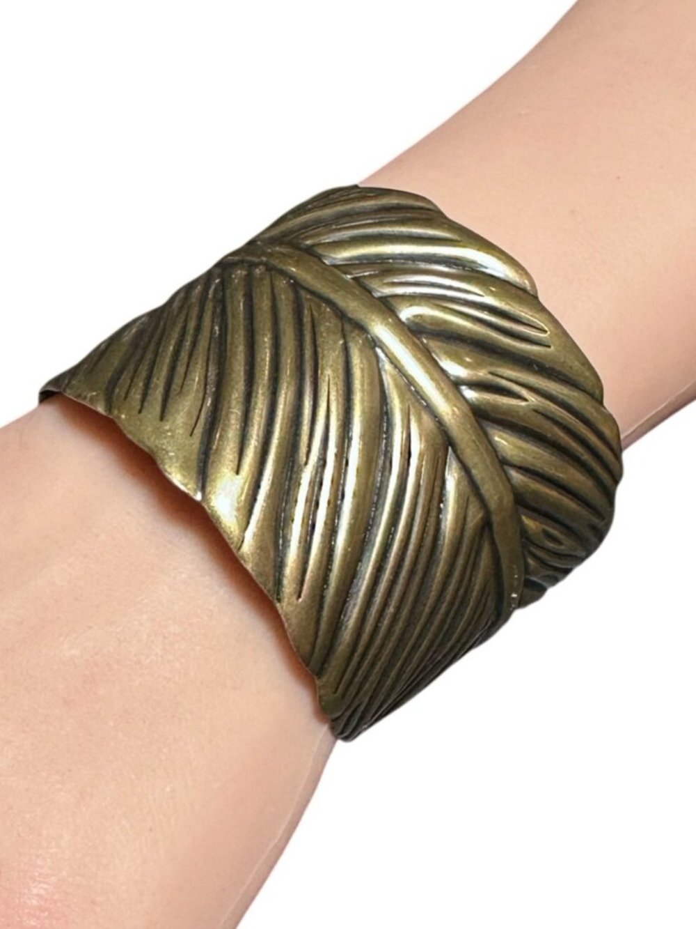 Cuff Bracelet Antique Brass Tone Feather Wrapped Style Womens Costume Jewelry